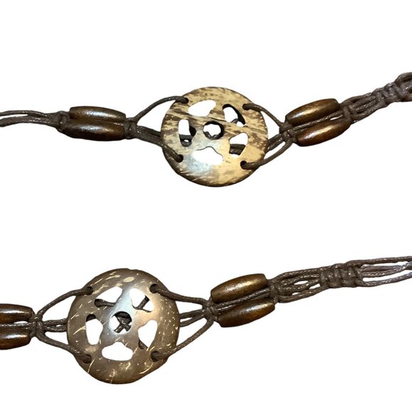 Vtg Boho Brown Beaded Belt Carved Coconut Shell Fringe Adjustable Length 75" L - Picture 5 of 7